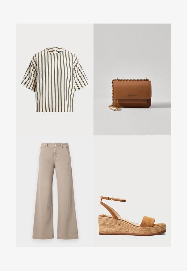 Top de manga corta a rayas en crema y azul marino, con cuello redondo y un diseño cuadrado, confeccionado en una tela texturizada.; Jeans beige de pierna ancha fabricados en algodón con una textura suave, que presentan un cierre frontal con botón y un diseño estándar de cinco bolsillos.; Sandalias de cuña de ante marrón con una amplia tira en la parte delantera, correa ajustable en el tobillo y una plataforma de yute trenzado. Suela plana con un acabado texturizado.; Bolso crossbody de cuero texturizado marrón con correa de cadena dorada y cierre de solapa. La parte frontal presenta un detalle de logo y un bolsillo debajo de la solapa.