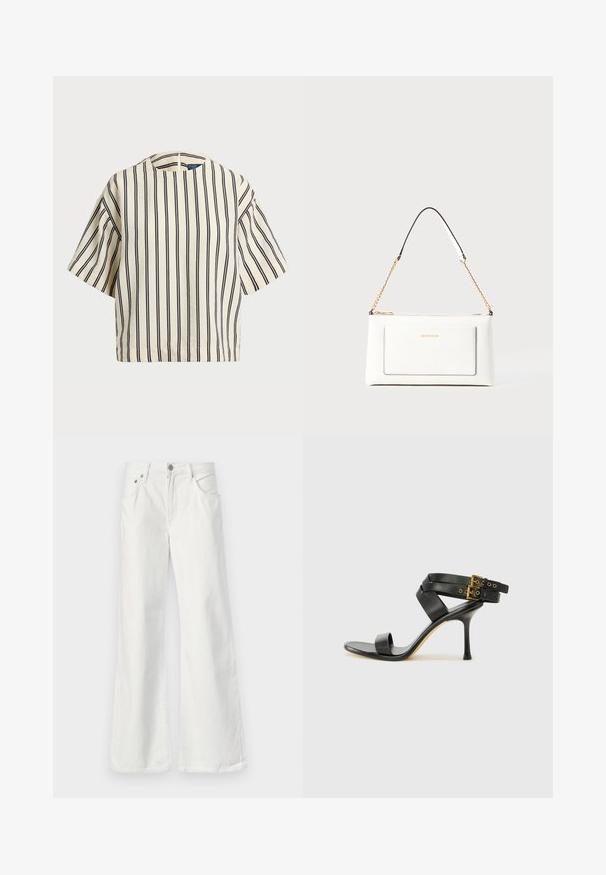 Kreemjas ja tumesinises triibuline lühikeste varrukatega top, millel on ümmargune kaelus ja kastmine disain, valmistatud tekstuurses kangas.; Valged denimpüksid, millel on kõrge talje, viie tasku disain ja nähtav õmblemine. Omab metallist nööpi ja lukku.; Mustad mustand koos ristatud rihmade ja reguleeritava pandlaga. Omab siledat tekstuuri ja kitsenevat stiletto kontsa.; Valge nahast kott tekstureeritud viimistlusega, millel on kuldne kettling ja mustad aktsendid. Include eesmine tasku ja tõmblukk.