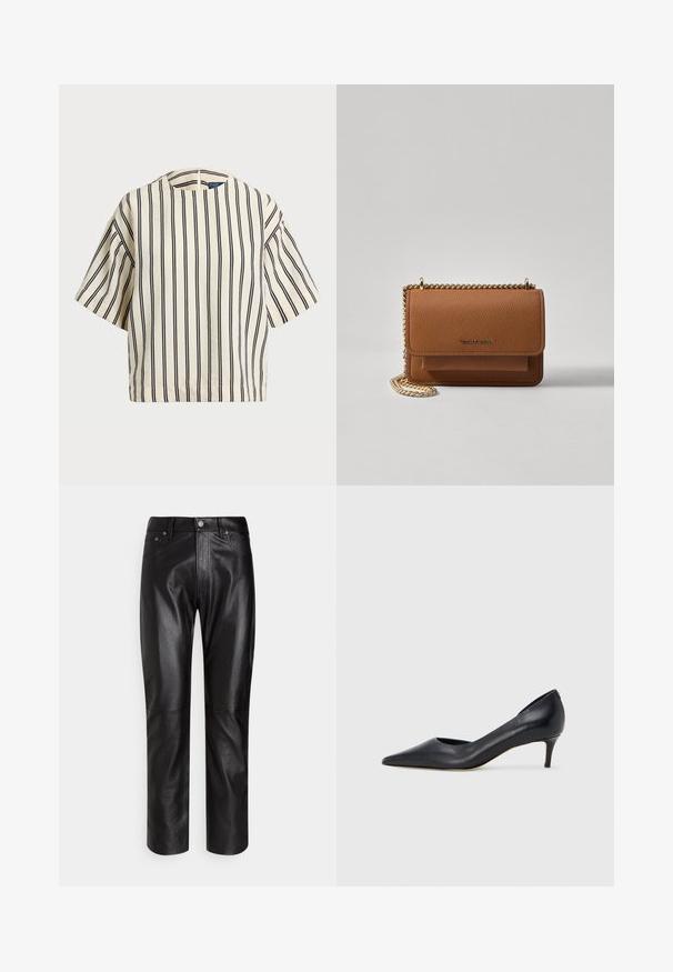 Kratek rokav, prugast top v kremni in mornarsko modri barvi, z okroglim izrezom in kvadratnim dizajnom ter teksturirano tkanino.; Črne usnjene hlače s krojem ravnih nogavic, z gumbi in zadrgo spredaj, z zankami za pas in sprednjimi žepi na belem ozadju.; Črni usnjeni čevelj s koničastim prstom in nizkim tihim peto. Ima gladko teksturo in subtilen lesk. Spredaj odprt izrez za dodaten detajl.; Rjava teksturirana usnjena torba čez ramo z zlatim verižnim trakom in zapiranjem na pokrov. Spredaj je vidna podrobnost logotipa in žep pod pokrovom.