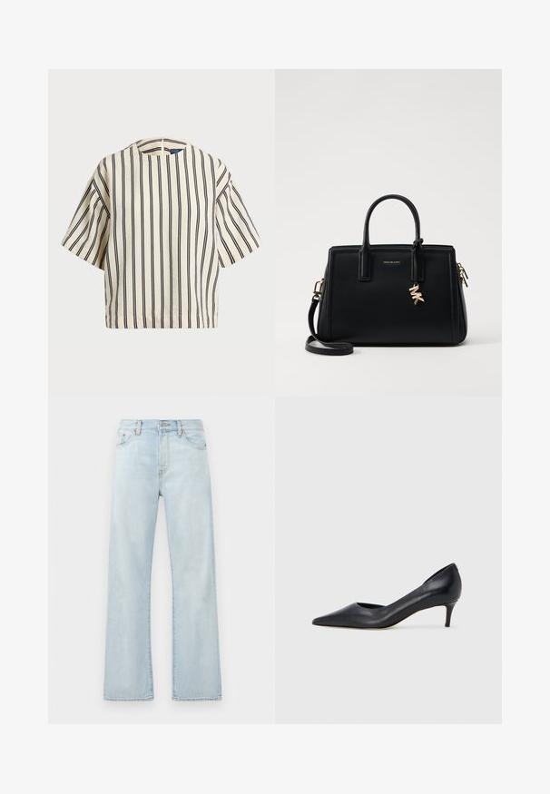 Top de manga curta, riscado em creme e azul marinho, com decote redondo e design boxy em tecido texturizado.; Jeans de ganga azul claro com cintura alta, design de perna larga e desvanecimento subtil. Apresenta um estilo clássico de cinco bolsos e detalhes de costura tonal.; Sapato de salto alto preto em pele com bico fino e salto baixo. Apresenta uma textura suave e brilho subtil. Corte aberto na parte da frente para um detalhe adicional.; Malinha de couro preta com design estruturado, duas alças superiores, alça de ombro destacável, ferragens douradas e um charme com logótipo como destaque.