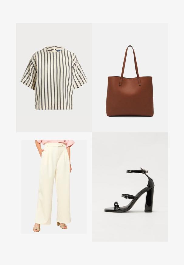 Kreklus, svītrainā blūze ar īsām piedurknēm, krēmkrāsā un tumši zilā tonī, ar apaļu apkakli un kvadrātveida dizainu, izgatavota no teksturētas auduma.; Platas kājas bikses krēmkrāsas audumā ar gludu tekstūru, ar augstu jostasvietu, izšuvumiem un sānu kabatām. Vienkārša pogu aizdare.; Melnas lakotas augstpapēžu čības ar kvadrāta purngalu, potīšu siksniņām un sudraba sprādzēm. Aprīkotas ar masīvu bloku papēdi stabilitātei.; Brūna ādas iepirkumu soma ar gludu tekstūru, atvērta augšdaļa un divas plecu siksnas. Izceļas ar minimālām šuvēm un redzamu aparatūru nav.