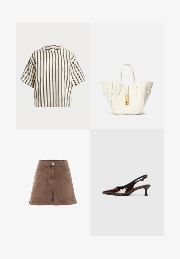 Korte mouwen, gestreepte top in crème en marineblauw, met een ronde halslijn en een boxy ontwerp van een textuurstof.; Bruine denimshorts met een hoge taille, vijf zakken en opgerolde mouwen. Voorzien van een knoopsluiting en stikseldetails.; Bruine gepatineerde leren slingback-schoen met een spitse neus en een gematigd hakje. Voorzien van een gespsluiting voor een veilige pasvorm. Glad van textuur.; Witte leren tote bag met een gestructureerde vorm, prominente stiksels, gouden hardwarelabel en dubbele handgrepen. Gelaagde oppervlakte met zijzakken.