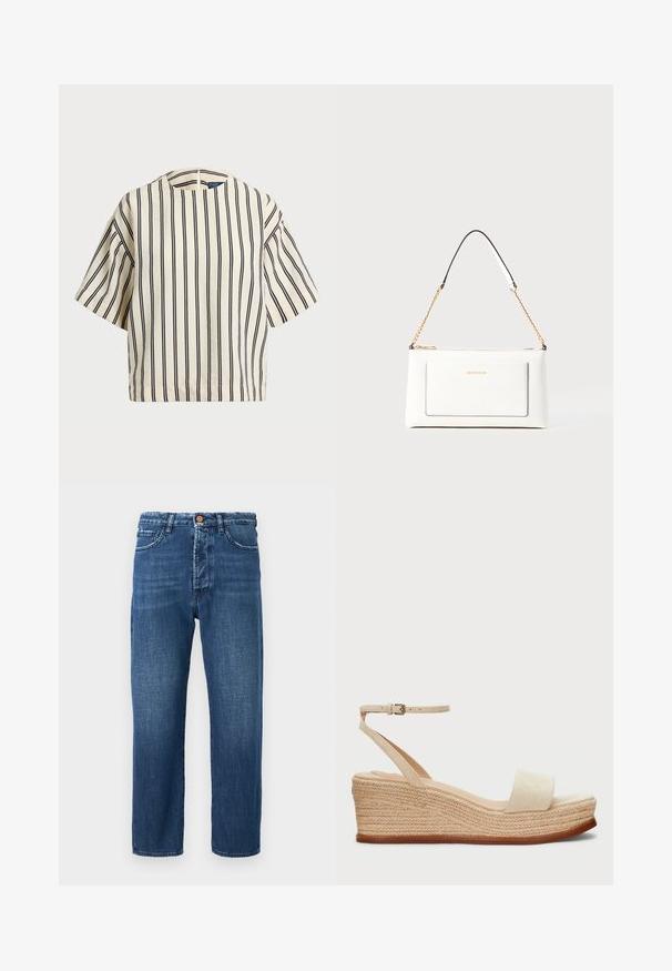 T-skjorte med korte ermer, stripet i kremfarge og marineblå, med rund hals og en boxy design i en strukturert stoff.; Mørkeblå denimbukser med rette ben, med glidelås, fem lommer og kontraststingdetaljer.; Hælvesker i lys beige semsket skinn med en bred rem over tåen, ankelrem med spenne og en vevd jute-helt. Flat gummisåle.; Hvit lærveske med teksturert overflate, utstyrt med gullkjede for å bære over skulderen og svarte detaljer. Inkluderer en frontlomme og glidelås.