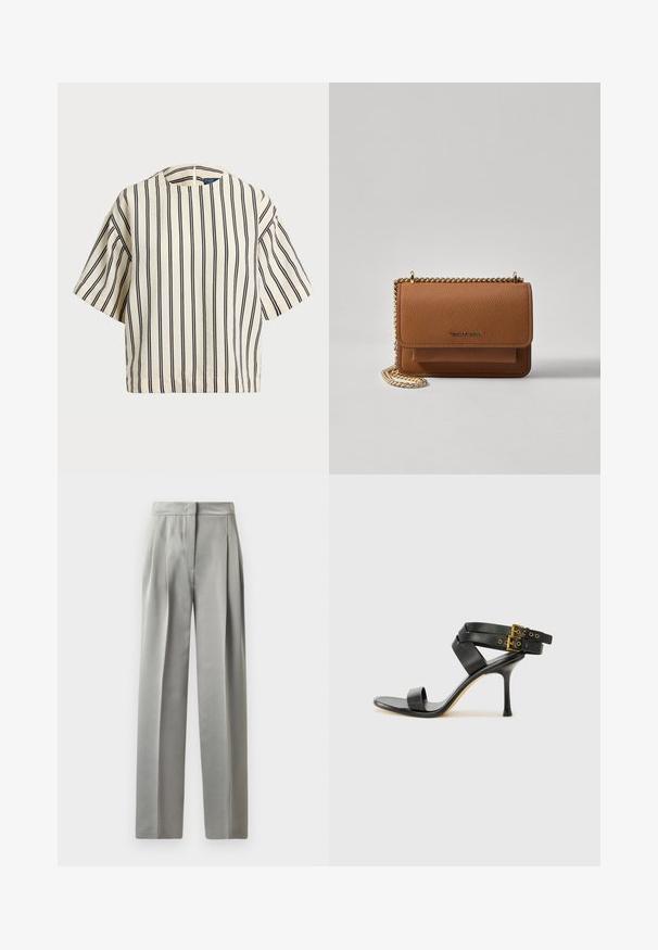 Cămașă cu mâneci scurte, cu dungi în nuanțe de crem și bleumarin, având un decolteu rotund și un design dreptunghiular dintr-un material texturat.; Pantaloni estreți de culoare gri deschis, cu o textură fină, având plii în față, un design cu picioare largi și o talie ajustată.; Sandalie negre cu toc, cu curele încrucișate și cataramă ajustabilă. Prezintă o textură netedă și un toc stiletto conic.; Geantă crossbody din piele texturată maro, cu curea din lanț aurit și închidere cu clapetă. Partea din față prezintă detalii cu logo și o buzunar sub clapetă.