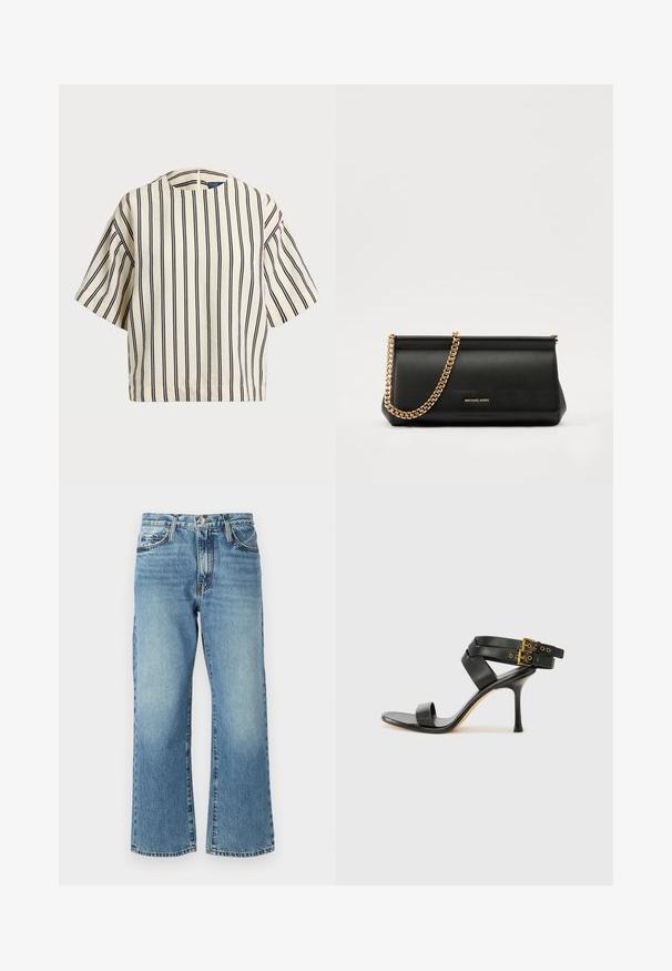 Rövid ujjú, csíkos felső krém és tengerészkék színben, kerek nyakkivágással és dobozos fazonnal, texturált anyagból.; Világoskék farmernadrág széles lábbal, öt zsebbel és gombos záródással. Az anyag finom fakulást és klasszikus textúrát mutat.; Fekete magassarkú szandál keresztpántos dizájnnal és állítható csattal. Simább felülettel és hegyes tűsarkúval rendelkezik.; Fekete bőr kisméretű táska arany lánccal, sima felülettel, téglalap alakú, és dombornyomott márkázással az elején.