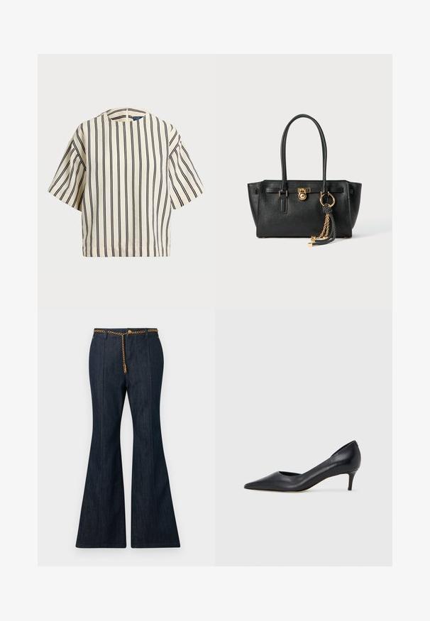 Kurzärmliges, gestreiftes Oberteil in Creme und Marineblau, mit rundem Halsausschnitt und kastiger Form aus strukturiertem Stoff.; Dunkelblaue ausgeflockte Jeans mit hoher Taille, ausgestattet mit einem goldenen Kettengürtel und kontrastierenden Nähten entlang der Nähte.; Schwarzer Pumps aus Leder mit spitzer Zehenpartie und niedrigem Absatz. Verfügt über eine glatte Textur und dezenten Glanz. Vordere Öffnung für ein zusätzliches Detail.; Schwarze Lederhandtasche mit doppelten Griffen, goldfarbener Verschluss- und Kettendetails sowie einem schwarz-weißen Quastenaccessoire vor weißem Hintergrund.