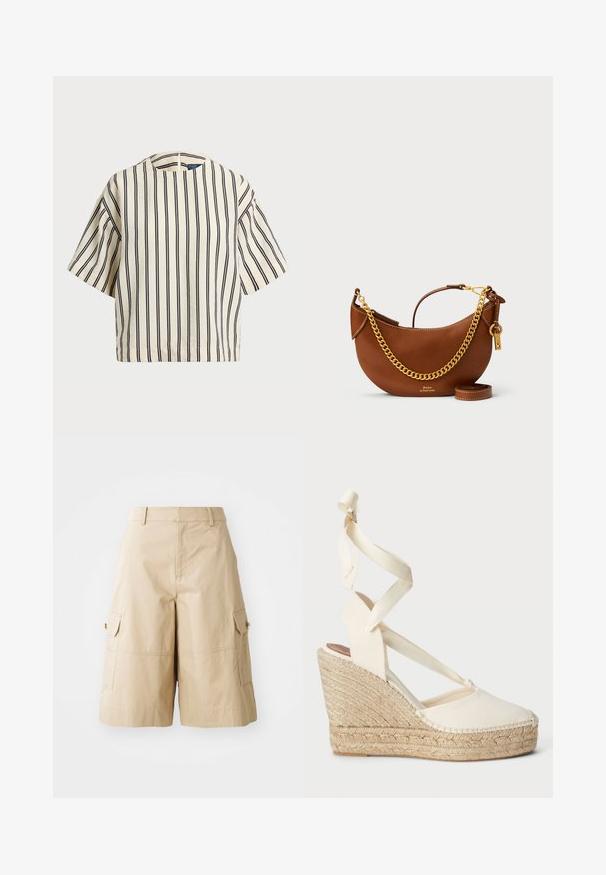 Top de manga corta a rayas en crema y azul marino, con cuello redondo y un diseño cuadrado, confeccionado en una tela texturizada.; Pantalones cortos cargo beige fabricados con un tejido ligero, que cuentan con dos bolsillos laterales, un frente plano y un corte relajado.; Sandalia de cuña de esparto beige con tiras cruzadas de lona y suela de yute tejido, con puntera redondeada y superficie texturizada.; Bolso de mano de piel marrón con un diseño curvado, correa de cadena dorada, bolsillo interior y una correa de hombro desmontable. Presenta costuras en contraste.