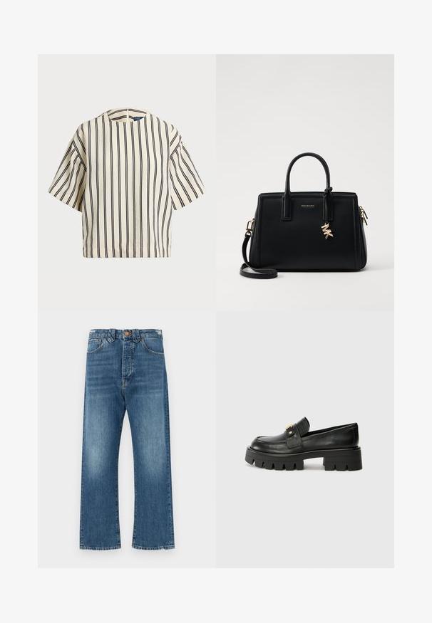 T-skjorte med korte ermer, stripet i kremfarge og marineblå, med rund hals og en boxy design i en strukturert stoff.; Lyseblå denimjeans med høyt liv, rett benstil og svak fading. Har klassisk søm og frontknapplukking.; Sorte skinnloafers med en kraftig såle, med en gulltoneakcent foran og en jevn finish. Kraftig mønsterdesign på sålen.; Svart skinnhåndveske med strukturert design, doble topphåndtak, avtakbar skulderrem, gullfarget hardware og en logo-detalj.