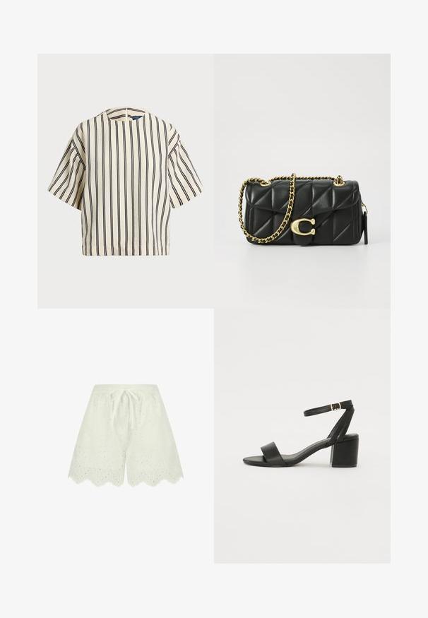 Korte mouwen, gestreepte top in crème en marineblauw, met een ronde halslijn en een boxy ontwerp van een textuurstof.; Witte shorts gemaakt van textuurstof met een oogjesborduursel. Voorzien van een trekkoord in de taille en een geschulpte zoom.; Zwarte hoge sandaal met een soepel leren bovenkant, een open teen, brede voorkruisbanden en een verstelbare enkelband met een gouden gespdetail.; Zwarte gewatteerde leren handtas met een gouden kettingschouderband en een toggle-sluiting met een rond accent. Compacte rechthoekige vorm.