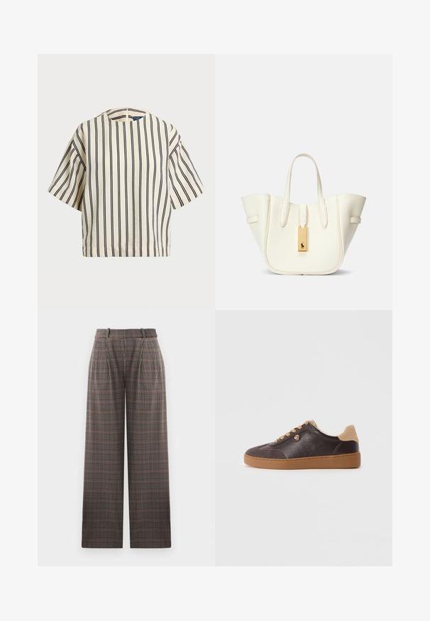 Top de manga curta, riscado em creme e azul marinho, com decote redondo e design boxy em tecido texturizado.; Calças de xadrez com um design de perna larga, apresentando pregas, uma cintura alta e uma combinação de cores castanho, preto e azul claro.; Sapatilha em couro e camurça castanho escuro com atacadores e sola bege, detalhe em logo dourado e "Michael Kors" estampado na sola.; Mala tote de couro branco com uma forma estruturada, costura proeminente, etiqueta de metal dourado e alças duplas. Superfície texturizada com bolsos laterais.