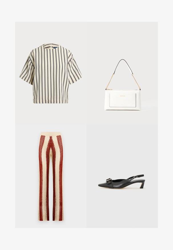 Cămașă cu mâneci scurte, cu dungi în nuanțe de crem și bleumarin, având un decolteu rotund și un design dreptunghiular dintr-un material texturat.; Pantaloni croșetați cu talie ajustată, prezentând dungi verticale alternative roșii și crem, croială cu picioare largi și textură cu țesătură deschisă.; Pantofii negri din piele cu toc mic, vârf ascuțit și detaliu decorativ cu cataramă pe partea superioară. Textură netedă, design minimal.; Geantă de mână din piele albă cu un finisaj texturat, având o curea din lanț aurie și accente negre. Include un buzunar frontal și închidere cu fermoar.