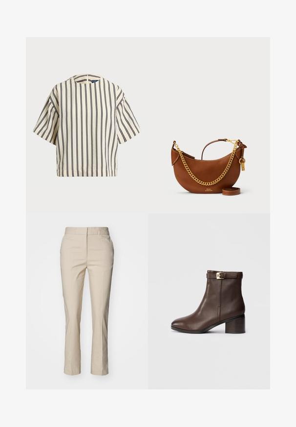 Kurzärmliges, gestreiftes Oberteil in Creme und Marineblau, mit rundem Halsausschnitt und kastiger Form aus strukturiertem Stoff.; GANT SLIM SLACK - Chino - soft oat; Braun Leder Stiefelette mit runder Zehenpartie, niedrigem Blockabsatz und einem dekorativen Schnallenriemen am Knöchel. Glatte Textur und elegantes Design.; Braune Lederhandtasche mit geschwungenem Design, goldener Kettenriemen, Innentasche und abnehmbarem Schulterriemen. Mit kontrastierenden Nähten.