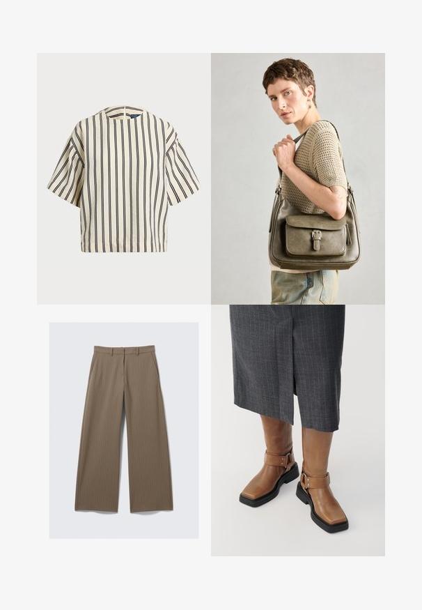 Short-sleeve, striped top in cream and navy, featuring a round neckline and boxy design with a textured fabric.; Brown pinstriped wide-leg trousers with a smooth texture and classic design, featuring a waistband and front pleats for tailored fit.; Brown leather knee-high boots with a square toe, black rubber sole, and adjustable buckle strap detail. Worn with a gray pinstripe skirt.; Olive green leather handbag with a front flap, adjustable strap, and silver hardware details, displayed on a model wearing a knitted top.