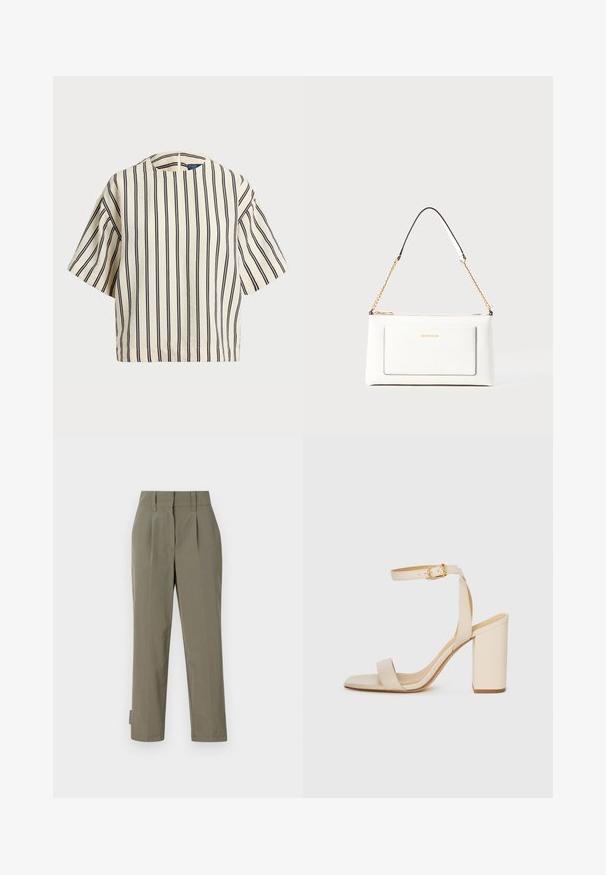 Krátký rukáv, pruhované tričko ve krémové a námořnické barvě, s kulatým výstřihem a širokým střihem z texturovaného materiálu.; Khaki kalhoty vyrobené z lehkého materiálu, s vysokým pasem, sklady a rovnými nohavicemi. Minimalistický design bez viditelného kovového zapínání.; Béžová sandál s vysokým podpatkem, čtveratou špičkou, tenkým kotníkovým páskem a blokovým podpatkem. Hladká kožená textura s detaily ve zlaté barvě.; Bílá kožená kabelka s texturovaným povrchem, zdobená zlatým řetízkem a černými akcenty. Obsahuje přední kapsu a uzavírání na zip.