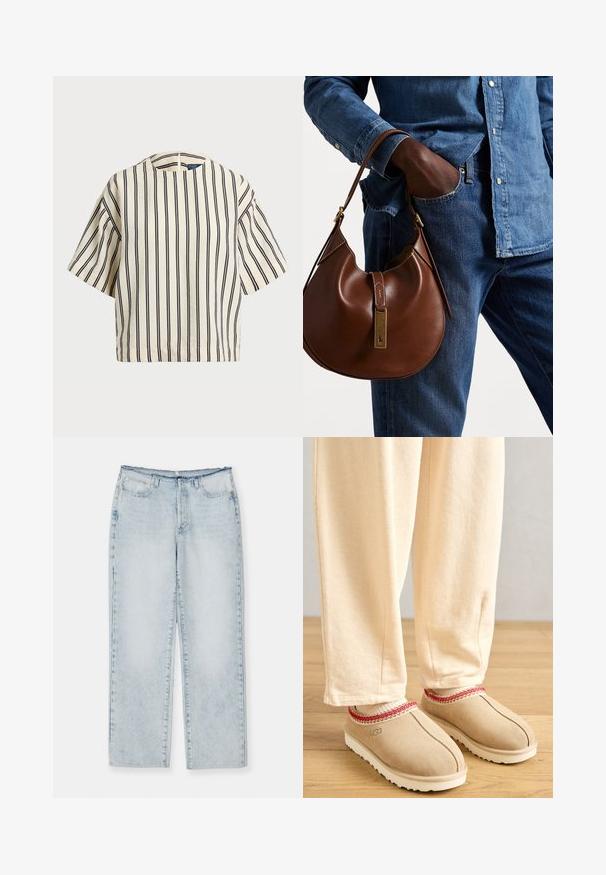 Kreemjas ja tumesinises triibuline lühikeste varrukatega top, millel on ümmargune kaelus ja kastmine disain, valmistatud tekstuurses kangas.; Hele sinine teksapükste sirge lõikega, viie taskuga, lukuga ja nööbiga sulgemine ning pleekinud tekstuur. Ei ole nähtavat kulumist.; Kreemjasuede puhtad kingad punase dekoratiivse äärisega ja valge kummitald, kombineeritud heledatest beezidest pükstest, asetatud puidust põrandale.; Pruun nahast hobo kott ümmarguse kujuga, millel on kuldne metallist detail ja kontrastne õmblus. Koos teksapitsi ja teksastega.