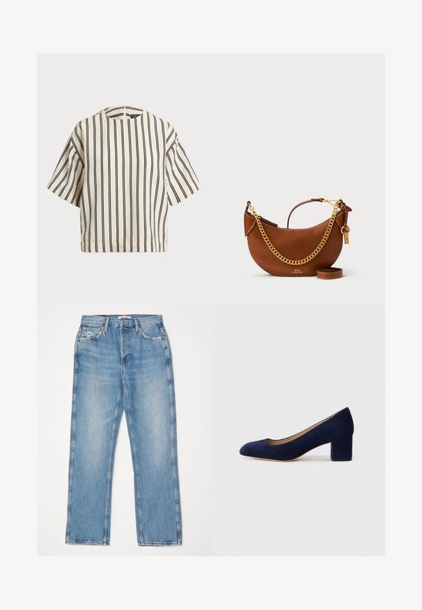 Top de manga corta a rayas en crema y azul marino, con cuello redondo y un diseño cuadrado, confeccionado en una tela texturizada.; RE/DONE HIGH RISE - Vaqueros rectos - worn blue; Zapato de tacón de ante azul marino con punta afilada y tacón bloque de altura media. Textura suave con un ligero brillo y un pequeño corte en la parte delantera.; Bolso de mano de piel marrón con un diseño curvado, correa de cadena dorada, bolsillo interior y una correa de hombro desmontable. Presenta costuras en contraste.