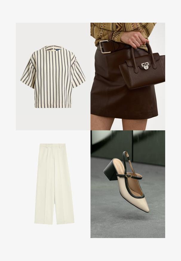 Krótki rękaw, paskowana bluzka w kolorze kremowym i granatowym, z okrągłym dekoltem i pudełkowym krojem, wykonana z fakturowanej tkaniny.; Spodnie o szerokich nogawkach w kolorze off-white, charakteryzujące się gładką fakturą, przednimi zakładkami oraz prostym krojem od talii do dołu.; Beżowe buty typu slingback z ostrym noskiem, czarnym wykończeniem, złotą klamrą i grubym obcasem na szarym podłożu z ciemnozielonym tłem.; Brązowa skórzana torebka o strukturalnym wykończeniu i srebrnym wykończeniu, trzymana w dłoni obok brązowej skórzanej spódnicy i wzorzystego swetra.