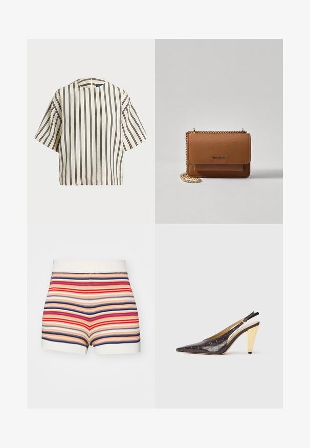 Short-sleeve, striped top in cream and navy, featuring a round neckline and boxy design with a textured fabric.; Striped shorts in cream, red, blue, and beige. Features a ribbed waistband and short legs, with a textured knit design.; Pointed-toe slingback heel in dark brown glossy faux crocodile leather. Features a gold-tone geometric heel and adjustable ankle strap.; Brown textured leather crossbody bag with gold chain strap and flap closure. Front features logo detail and a pocket under the flap.