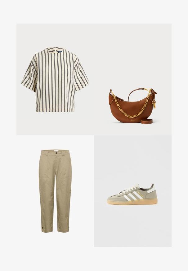 Lyhythihainen, raidallinen paita kirkas- ja tummansinisen sävyissä, jossa on pyöreä pääntie ja laatikkomainen muotoilu tekstuuritetussa kankaassa.; Beige, kevyet housut suoran leikkauksen omaavina, sivutaskuilla ja napin yksityiskohdilla hemissä säädettävän istuvuuden ja tyylin vuoksi.; Harmaa mokkasiinikenkä, jossa on valkoiset raidat, kultaiset aksentit ja teksturoitu kumipohja. Varustettu ruutukuvioisella vuorauksella ja matalalla designilla.; Ruskea nahkakäsilaukku, jossa on kaareva muotoilu, kultaketjuhihna, sisätasku ja irrotettava olkahihna. Ominaisuuksina on kontrastivärinen ommel.