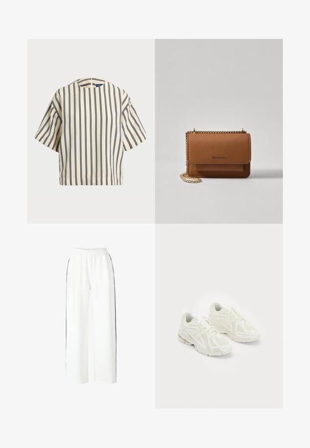Krátký rukáv, pruhované tričko ve krémové a námořnické barvě, s kulatým výstřihem a širokým střihem z texturovaného materiálu.; Bílé kalhoty s širokými nohavicemi, elastickým pasem a černými bočními pruhy. Hladká povrchová textura látky s volným střihem po celých nohavicích.; Bílé atletické boty vyrobené z prodyšných a syntetických materiálů, s tkaničkovým designem, polstrovaným límcem a texturovanou podrážkou pro lepší přilnavost. Lehké provedení.; Hnědá texturovaná kožená kabelka přes rameno se zlatým řetízkovým popruhem a klopnovým uzavíráním. Přední strana obsahuje detail loga a kapsu pod klopou.