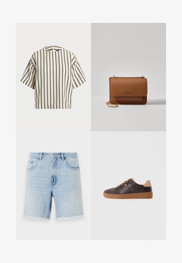 Kreklus, svītrainā blūze ar īsām piedurknēm, krēmkrāsā un tumši zilā tonī, ar apaļu apkakli un kvadrātveida dizainu, izgatavota no teksturētas auduma.; Gaiši zili džinsu šorti ar saplēstu apakšmalu, klasisku piecu kabatu dizainu un priekšējo pogu aizdari. Audums izskatās mīksts ar nelielu tekstūru.; Tumši brūns ādas un zamšādas sporta apavi ar brūnām šņorēm un zoli, zelta logotipa akcenti un "Michael Kors" iegravēts uz zoles.; Brūna teksturēta ādas plecu soma ar zelta ķēdes siksnu un atloka aizdari. Priekšpusē ir logotipa detaļa un kabata zem atloka.