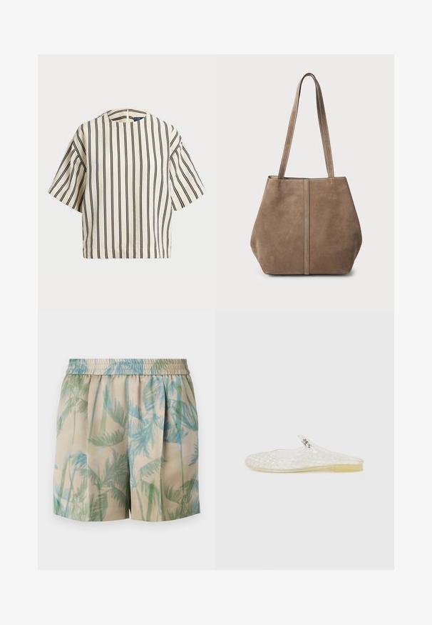 Kurzärmliges, gestreiftes Oberteil in Creme und Marineblau, mit rundem Halsausschnitt und kastiger Form aus strukturiertem Stoff.; Kurze Hosen aus leichtem Stoff mit beigem Hintergrund und blauen sowie grünen Palmenblattmustern, elastischem Bund und gefälteltem Design.; Transparenter Kunststoff-Schlupfschuh mit einem Gittermuster, runder Zehenpartie und einem kleinen silbernen Akzent an dem Riemen. Flexibler, durchsichtiger Sohlen. ; Braune Wildleder-Tote-Tasche mit zwei langen Griffen, vertikalen Nahtdetails an der Vorderseite und einer weichen Textur. Geräumiges Design, das sich für den täglichen Gebrauch eignet.