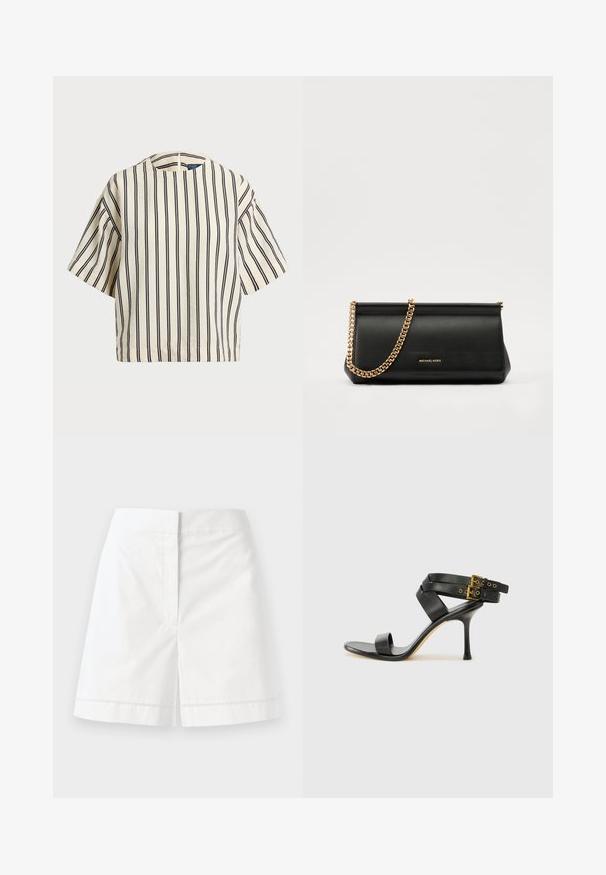 Kratek rokav, prugast top v kremni in mornarsko modri barvi, z okroglim izrezom in kvadratnim dizajnom ter teksturirano tkanino.; Bela bombažna kratka hlača s ravnim krojem, ki ima gladko teksturo, zadnje žepe in dekorativen šiv ob robu.; Črne sandale na peto z križnimi trakovi in prilagodljivo zaponko. Imajo gladko teksturo in zožen peto.; Črna usnjena torbica z zlatim verižnim trakom, z gladko teksturo, pravokotno obliko in embosiranim logotipom spredaj.
