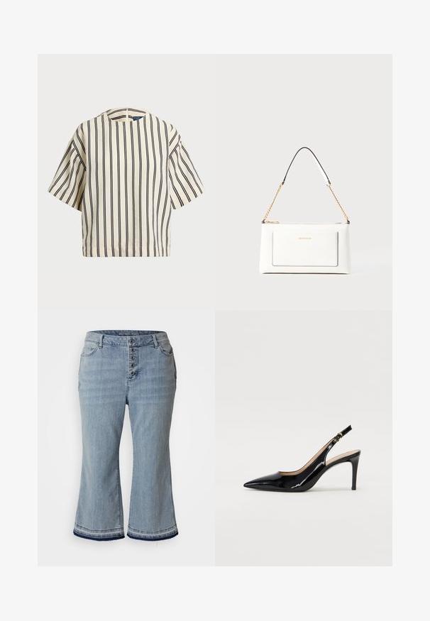 Kreklus, svītrainā blūze ar īsām piedurknēm, krēmkrāsā un tumši zilā tonī, ar apaļu apkakli un kvadrātveida dizainu, izgatavota no teksturētas auduma.; Gai zili džinsu culottes ar augstu vidukli, piecu pogu aizdari, sānu kabatām un saplēstām malām. Izstrādāti brīviem siluetam.; Melnas lakotās ādas slingback kurpes ar izteiktu degunu, šauru papēdi un smalku izgriezumu dizainu. Siksniņai ir zelta sprādze.; Baltā ādas rokassomu ar teksturētu apdari, ar zelta ķēdes siksnu un melniem akcentiem. Iekļauj priekšējo kabatu un aizdari ar rāvējslēdzēju.