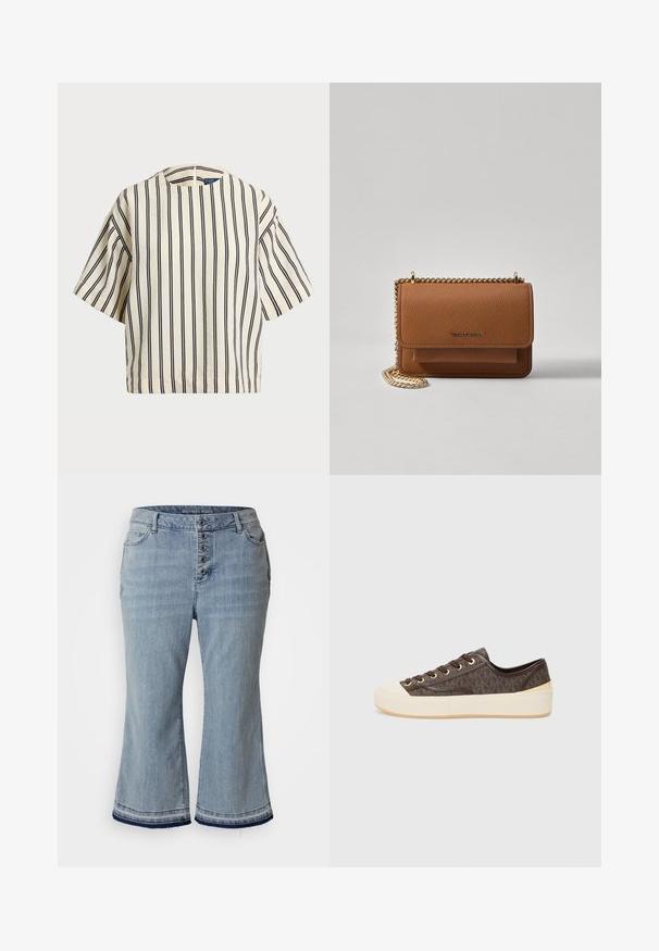 Kreemjas ja tumesinises triibuline lühikeste varrukatega top, millel on ümmargune kaelus ja kastmine disain, valmistatud tekstuurses kangas.; Heledad blue denim culotte'd, mille kõrge vöökoht, viie nupuga kinnitamine, küljetaskud ja harjatud servad. Ahnud lõige on mõeldud mugava kandmise jaoks.; Pruun mustriga kangast tossud kuldsete silmadega, paelategemisega ning valge kummikatte ja tallaga. Omavad tekstuurset viimistlust.; Pruun tekstureeritud nahk ristkeha kott kuldse ahelaga rihmaga ja klapiga sulgemine. Esiküljel on logo detail ja tasku klapi all.