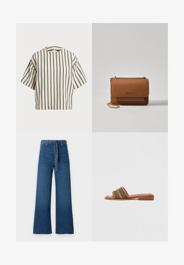 Top de manga curta, riscado em creme e azul marinho, com decote redondo e design boxy em tecido texturizado.; TOM TAILOR DENIM TTMIJA CULOTTE - Calças de ganga à boca de sino - used mid stone blue denim; Sandália de slide castanha com duas largas tiras de tecido num padrão escuro, apresenta um salto plano e um detalhe de ferragem dourada.; Bolsa crossbody de couro texturizado castanho com alça de corrente dourada e fecho com aba. A parte da frente apresenta detalhe do logótipo e um bolso sob a aba.