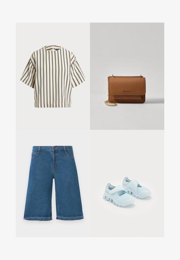 Kreminės ir tamsiai mėlynos juostelės trumpų rankovių marškinėliai, turi apvalų iškirpimą ir dėžutės tipo dizainą, pagaminti iš tekstūruotos medžiagos.; Mėlyni džinsiniai šortai iki kelių su plėšytais kraštais, priekinis mygtukas ir kišenės ant vientiso balto fono.; Šviesiai mėlyni sportbačiai su tinklelio audiniu, akcentuotais įpjovimais pado dalyje ir Velcro dirželiu viršuje, užtikrinančiu saugų prigludimą.; Ruda tekstūruota odinė per petį nešama rankinė su auksiniu grandininiu dirželiu ir užlenkiamo užsegimo. Priekinėje pusėje yra logotipo detalė ir kišenė po užlenkimu.