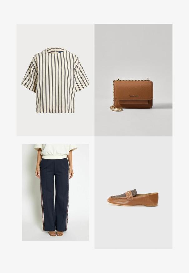 Kreminės ir tamsiai mėlynos juostelės trumpų rankovių marškinėliai, turi apvalų iškirpimą ir dėžutės tipo dizainą, pagaminti iš tekstūruotos medžiagos.; Jūrų laivyno plačios kojų kelnės, pagamintos iš lygaus audinio, su šoninėmis juostelėmis raudonos, baltos ir mėlynos spalvų. Išskirtinės su priekiniais raukiniais.; Rudos odinės loafer tipo bateliai su tekstūruota ruda medžiagos dalimi ir auksiniais akcentais. Siauras profilis ir siuvinėjimas šoninėse dalyse.; Ruda tekstūruota odinė per petį nešama rankinė su auksiniu grandininiu dirželiu ir užlenkiamo užsegimo. Priekinėje pusėje yra logotipo detalė ir kišenė po užlenkimu.