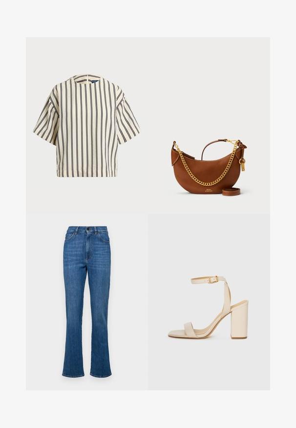 Kreklus, svītrainā blūze ar īsām piedurknēm, krēmkrāsā un tumši zilā tonī, ar apaļu apkakli un kvadrātveida dizainu, izgatavota no teksturētas auduma.; Denim bikses ar platām kājām vidēji zilos toņos, ar augstu jostu, piecām kabatām un tonālo šuvju apdari. Iekļauj arī pogu un rāvējslēdzēja aizdari.; Bežīgas augstpapēžu sandales ar kvadrātu purngalu, plānu potītes siksnu un blokveida papēdi. Gluda ādas tekstūra ar zelta sprādzi.; Brūns ādas rokassomu ar izliekta dizaina, zelta ķēdes siksnu, iekšējo kabatu un noņemamu plecu siksnu. Ievērojama kontrastējoša šuvuma detaļa.