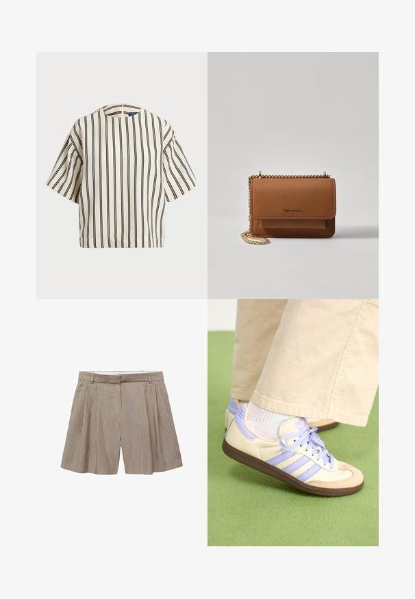 Lyhythihainen, raidallinen paita kirkas- ja tummansinisen sävyissä, jossa on pyöreä pääntie ja laatikkomainen muotoilu tekstuuritetussa kankaassa.; Kerman syyshortsit, jotka on valmistettu kankaasta, jossa on pystysuorat raidat. Ominaisuuksiin kuuluu vyötärö, jossa on vyölenkit, ja suora leikkaus.; Kermasilta ja laventelilta näyttävät lenkkarit kolmella raidalla ja teksturoidulla ruskealla pohjalla, varustettuna nauhoilla ja pehmustetulla kantapäällä. Pehmeä kangaspinta.; Ruskean teksturoidun nahkasta valmistettu crossbody-laukku, jossa on kultaketjuhihna ja läppäkiinnitys. Edessä on logodetail ja tasku läppäisen alla.