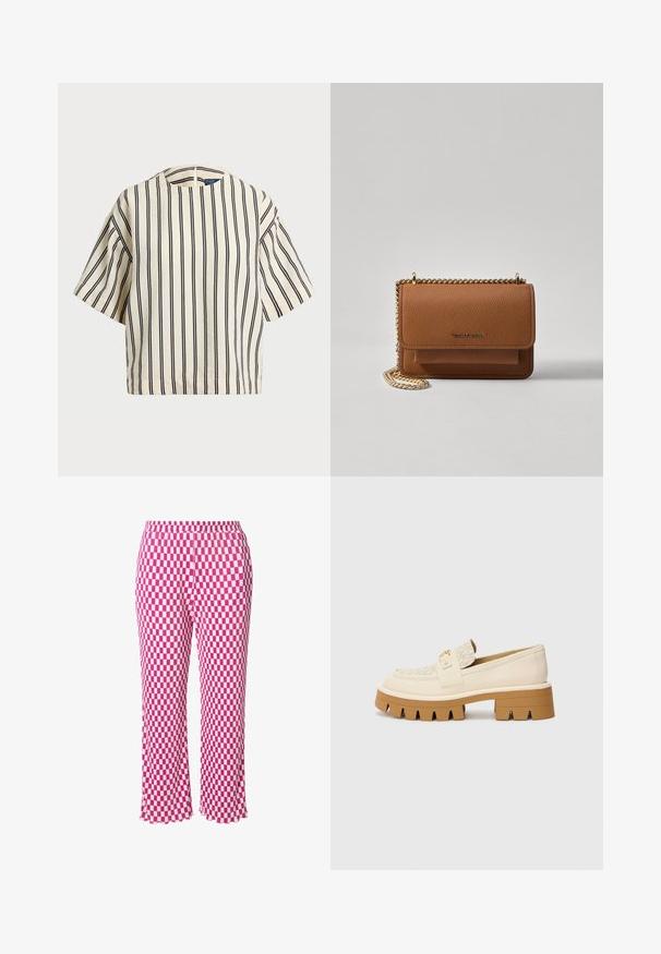 Kurzärmliges, gestreiftes Oberteil in Creme und Marineblau, mit rundem Halsausschnitt und kastiger Form aus strukturiertem Stoff.; Rosa-weiße karierte Hose mit elastischem Bund, verkürzter Länge und leicht rüschendem Saum. Hergestellt aus leichtem, geripptem Stoff.; Beige Slipper mit einem strukturierten cremefarbenen Riemen, ausgestattet mit einer markanten braunen Sohle mit zahnartigen Mustern. Goldakzent an der Schnallen-Detail.; Braune strukturierte Ledertasche mit goldener Kettenriemen und Klappenverschluss. Die Vorderseite zeigt ein Logo-Detail und eine Tasche unter der Klappe.