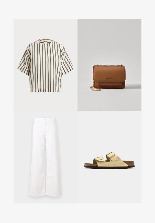 Kratek rokav, prugast top v kremni in mornarsko modri barvi, z okroglim izrezom in kvadratnim dizajnom ter teksturirano tkanino.; Bele široke kavbojke iz denima, opremljene s sprednjimi žepi, gumbom za zaklepanje in sproščenim krojem. Gladka tekstura z minimalno dekoracijo.; Zlate veganske usnjene sandale z dvema prilagodljivima trakoma, plitvim podplatom iz plute in temnim gumijastim podplatom. Gladka tekstura z metalnim koncem.; Rjava teksturirana usnjena torba čez ramo z zlatim verižnim trakom in zapiranjem na pokrov. Spredaj je vidna podrobnost logotipa in žep pod pokrovom.