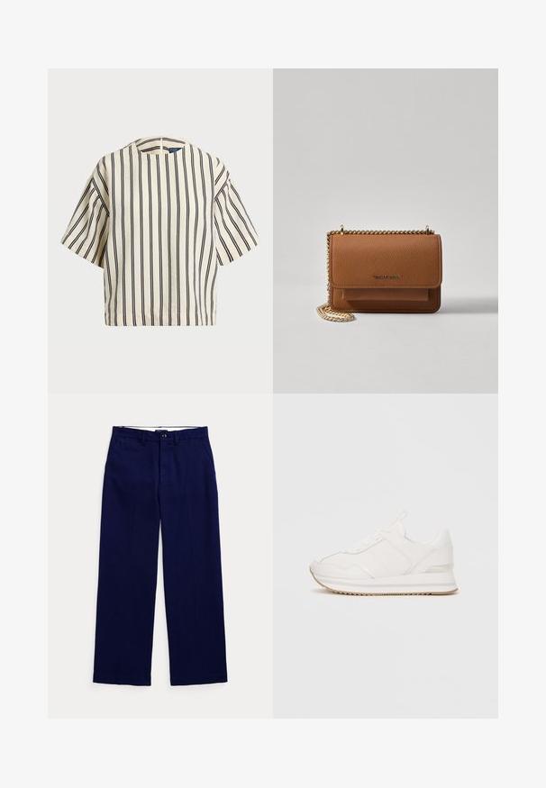 T-skjorte med korte ermer, stripet i kremfarge og marineblå, med rund hals og en boxy design i en strukturert stoff.; Marineblå rettskårne bukser med beltehemper, knappelukking og sidelommer på en ensfarget lys bakgrunn.; Hvit lavtoppsneaker med snøring på forsiden, polstret såle og beige gummisåle mot en enkel bakgrunn.; Brun teksturert lær crossover-veske med gullkjede-stropp og klaffelukking. Fronten har logo-detalj og en lomme under klaffen.