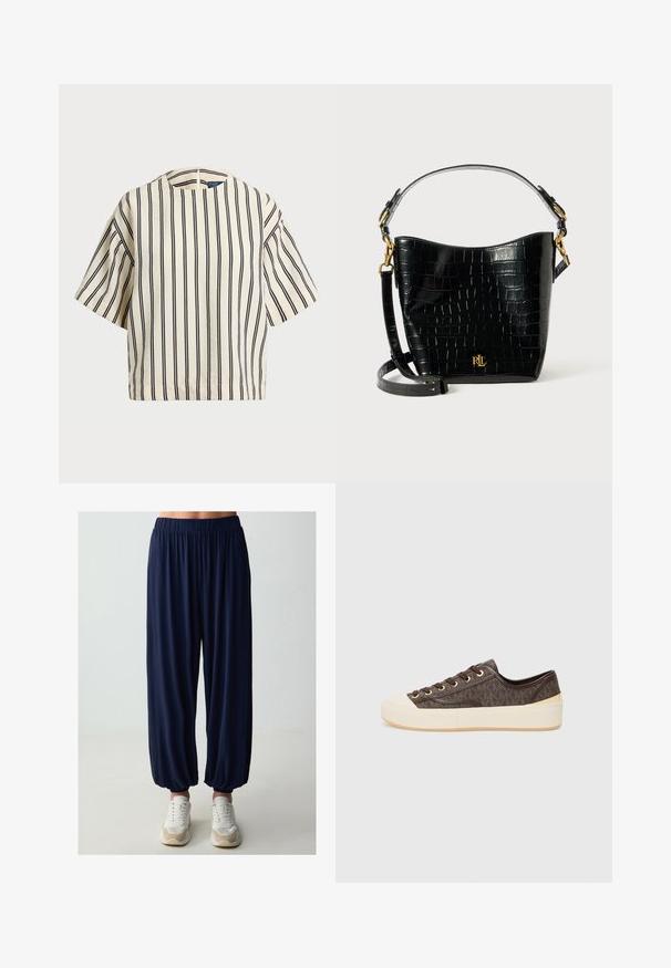 Kurzärmliges, gestreiftes Oberteil in Creme und Marineblau, mit rundem Halsausschnitt und kastiger Form aus strukturiertem Stoff.; Marineblaue Hose mit elastischem Bund, locker geschnitten und tapering Fit mit gerüschten Knöcheln, kombiniert mit weißen Sportschuhen. Glatte Stofftextur.; Braune, gemusterte Canvas-Sneaker mit goldenen Ösen, Schnürverschluss und einer weißen Gummikappe sowie Sohle. Mit einer strukturierten Oberfläche.; Schwarze, krokodilgeprägte Lederhandtasche mit geschwungener Form, goldfarbenen Hardware-Akzenten, einem verstellbaren Riemen und einem Logodetail auf der Vorderseite.