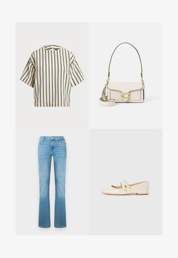 T-shirt à manches courtes, rayé crème et marine, présentant un col rond et un design boxy avec un tissu texturé.; Jean en denim bleu clair avec un design à jambes évasées, poches avant et fermeture à boutons, présentant un effet délavé pour la texture.; Ballerines en cuir verni ivoire avec deux sangles décoratives et boutons dorés, présentant un bout rond et un petit talon carré.; Sac en cuir crème avec un design structuré, bords noirs contrastants, quincaillerie dorée et une bandoulière détachable ornée d'un logo signature.; Collier en or présentant une chaîne délicate et un pendentif rond orné de petites pierres précieuses enchâssées, rehaussant son apparence éclatante.
