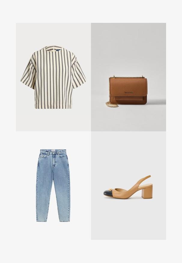 Top de manga corta a rayas en crema y azul marino, con cuello redondo y un diseño cuadrado, confeccionado en una tela texturizada.; Jeans de denim azul claro con un diseño de cintura alta y pierna recta, y costuras de contraste. Presenta bolsillos delanteros y traseros, y un cierre de botón.; Zapato de slingback de cuero beige con punta redondeada negra, tacón cuadrado y un acento decorativo dorado en la parte delantera. Textura suave en toda la superficie.; Bolso crossbody de cuero texturizado marrón con correa de cadena dorada y cierre de solapa. La parte frontal presenta un detalle de logo y un bolsillo debajo de la solapa.