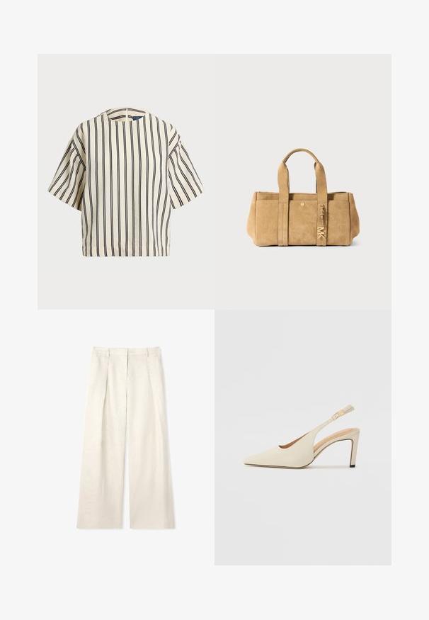 Korte mouwen, gestreepte top in crème en marineblauw, met een ronde halslijn en een boxy ontwerp van een textuurstof.; Lichtbeige wijde broek van textuurstof, met voorplooien, een platte tailleband en zonder zichtbare hardware of accenten.; Beige leren slingback hakken met een spitse neus, open zijkant en een slanke hoge hak. Voorzien van een gouden accent op de band.; Tan suede schoudertas met twee handvatten aan de bovenkant, voorzien van een voorvak, gouden hardware details en een zachte, gestructureerde afwerking.