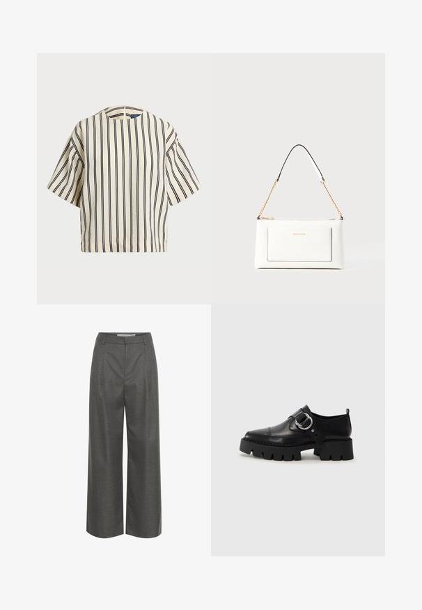 Kratki rukavi, prugasti top u krem i tamnoplavoj boji, sa okruglim izrezom i kutijastim dizajnom od teksturirane tkanine.; Sive široke hlače od teksturirane tkanine, sa visokim strukom i prednjim plisyma, bez vidljivih džepova ili metalnih detalja.; Crne kožne cipele s debelim, rebrastim potplatom, koje imaju okrugli srebrni detalj i minimalne šavove.; Bijela kožna torba s teksturiranim završetkom, koja ima zlatni lančić i crne akcentne detalje. Uključuje prednji džep i zatvaranje na patentni zatvarač.