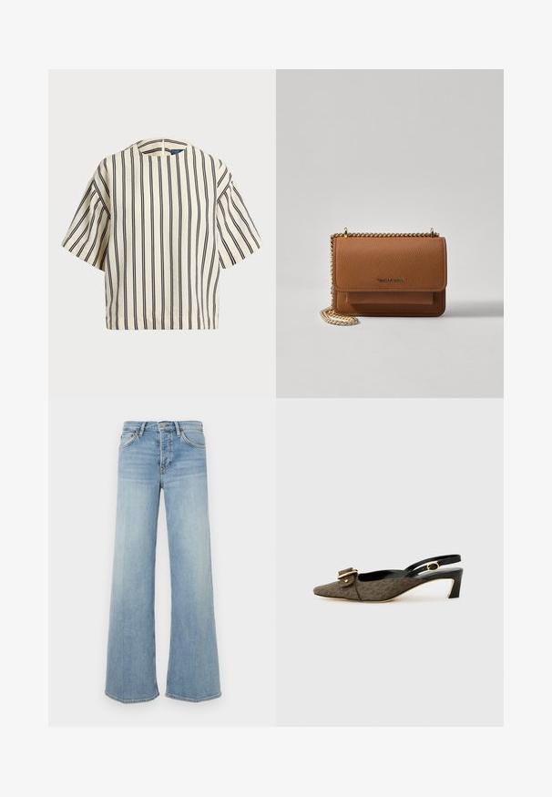 Kreminės ir tamsiai mėlynos juostelės trumpų rankovių marškinėliai, turi apvalų iškirpimą ir dėžutės tipo dizainą, pagaminti iš tekstūruotos medžiagos.; RE/DONE Platėjantys džinsai - blue; Slingback kulniams su smailiu pirštu, rudos raštuotos medžiagos, auksine sagtimi, juodu odiniu diržu ir trumpu blokiniu kulnu.; Ruda tekstūruota odinė per petį nešama rankinė su auksiniu grandininiu dirželiu ir užlenkiamo užsegimo. Priekinėje pusėje yra logotipo detalė ir kišenė po užlenkimu.