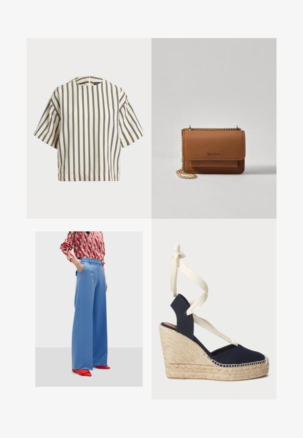 Krátky rukáv, pruhovaný top v krémovej a námorníckej modrej farbe, s okrúhlym výstrihom a štvorcovým strihom z texturovanej tkaniny.; Svetlomodré, široké nohavice s vreckami a hladkou textúrou, kombinované so vzorovanou červenou a ružovou košeľou s dlhým rukávom a červenými špicatými topánkami.; Námornícke plátno wedge sandále s espadrilovou jutovou podrážkou a krémovými stuhami na členku. Uzavretá päta a dizajn s okrúhlou špičkou.; Hnedá textúrovaná kožená taška cez telo s zlatým reťazovým popruhom a preklopným uzáverom. Predná strana obsahuje detail s logom a vrecko pod preklopkou.