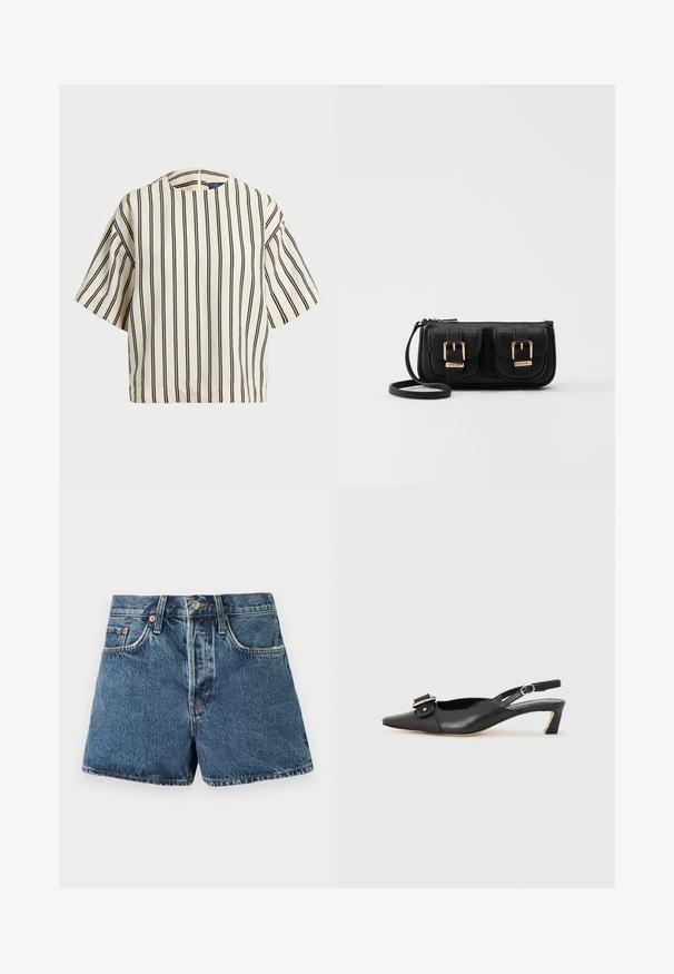 T-skjorte med korte ermer, stripet i kremfarge og marineblå, med rund hals og en boxy design i en strukturert stoff.; Denimshorts i mellomblått med høy midje, fem lommer, kontrasterende sømmer og metallknapplukking. Teksturert stoff med en lett blekking.; Svarte skinn slingback-sko med spiss tå, liten hæl og dekorativ spenne-detalj på overdelen. Glatt tekstur, minimalistisk design.; Svart skinn crossbody veske med to frontlommer, gyldne spenner, glidelåslukking og en slank stropp. Teksturert overflate og kompakt rektangulær form.
