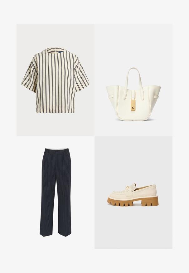 Short-sleeve, striped top in cream and navy, featuring a round neckline and boxy design with a textured fabric.; Navy blue trousers with white vertical pinstripes, wide-leg design, smooth fabric, belt loops, and a crease down the front for a tailored look.; Beige loafers with a textured cream strap, featuring a chunky brown sole with teeth-like patterns. Gold accent on the buckle detail.; White leather tote bag with a structured shape, prominent stitching, gold hardware tag, and dual handles. Textured surface with side pockets.