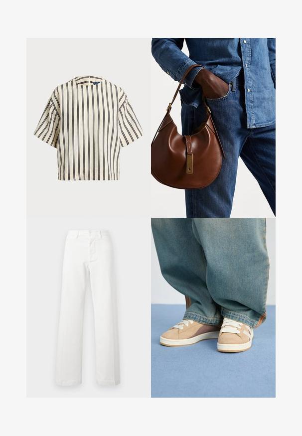 Top de manga curta, riscado em creme e azul marinho, com decote redondo e design boxy em tecido texturizado.; Calças brancas de algodão com corte de perna reta, apresentando fecho frontal com botão e fecho éclair, passadeiras para cinto e tecido com textura subtil.; Sapatilhas bege em materiais de camurça e tecido, com atacadores brancos, realces castanho claro e uma sola texturizada. Usadas com calças de ganga azul largas.; Bolsa hobo de couro castanho com forma arredondada, apresentando um acabamento em metal dourado e costura em contraste. Combinada com uma camisa de ganga e jeans.