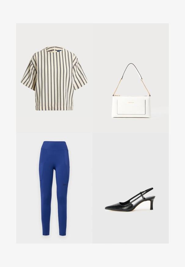 Kratek rokav, prugast top v kremni in mornarsko modri barvi, z okroglim izrezom in kvadratnim dizajnom ter teksturirano tkanino.; Temno modre aktivne legice z visokim pasom, stranskimi žepi in diskretnim blagovno znamko. Narejene so iz raztegljivega, gladkega materiala s prilegnjeno obliko.; Črne lakaste slingback pete s koničastim nosom, ki imajo teksturiran vzorec kačje kože, nastavljiv trak in kratek teksturiran blok peto.; Bela usnjena torbica z teksturirano površino, ki vključuje zlat pas in črne detajle. Ima sprednji žep in zadrgo.; Lauren Ralph Lauren BASIC SMALL HOOP - Uhani - gold-coloured