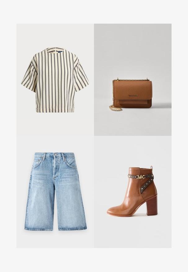 Top de manga curta, riscado em creme e azul marinho, com decote redondo e design boxy em tecido texturizado.; Calções de ganga azul claro com um corte largo, apresentando uma cintura alta, design de cinco bolsos e um ligeiro desbotamento no tecido.; Bota de tornozelo em couro castanho com salto bloco empilhado, tira lateral com studs dourados e fivela com o logotipo "MK" dourado.; Bolsa crossbody de couro texturizado castanho com alça de corrente dourada e fecho com aba. A parte da frente apresenta detalhe do logótipo e um bolso sob a aba.