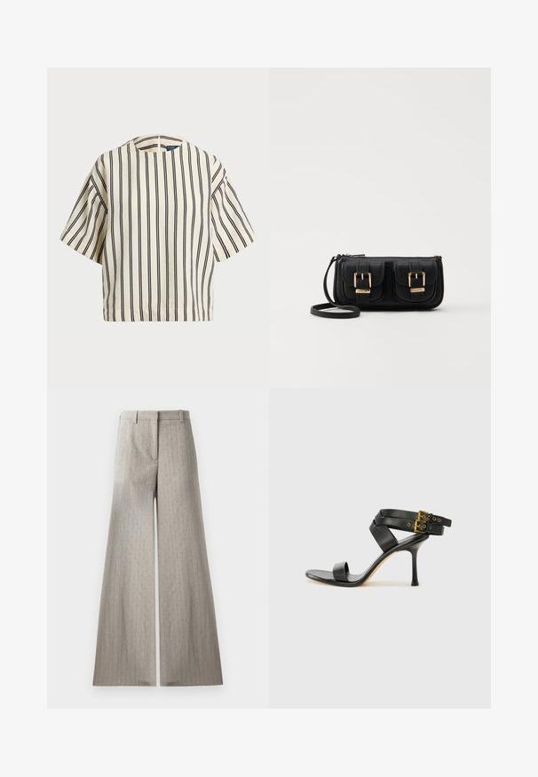 Kurzärmliges, gestreiftes Oberteil in Creme und Marineblau, mit rundem Halsausschnitt und kastiger Form aus strukturiertem Stoff.; Graue, weit geschnittene Hose aus strukturiertem Stoff, mit vertikalen Nadelstreifen und dezenten metallischen Akzenten. Flacher Bund und Gürtelschlaufen.; Schwarze Absatzsandale mit gekreuzten Riemen und verstellbarem Schnallenverschluss. Sie verfügt über eine glatte Textur und einen schmalen Stiletto-Absatz.; Schwarze Leder-Umhängetasche mit zwei vorderen Taschen, goldenen Schnallen, Reißverschluss und einem schmalen Tragegurt. Texturierte Oberfläche und kompakte rechteckige Form.